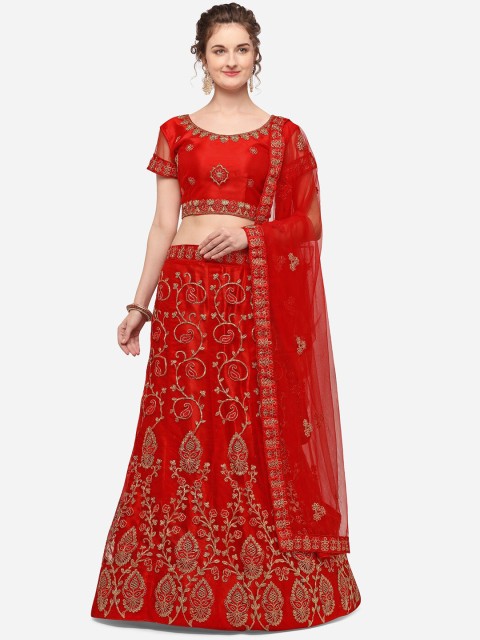 

V SALES Red & Gold-Toned Embroidered Semi-Stitched Lehenga & Unstitched Blouse with Dupatta