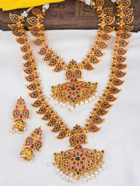 

Alankruthi Gold-Plated Pink & Green Artificial Stone Studded Temple Jewellery Set