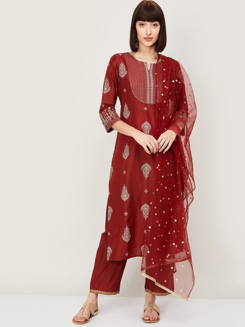 

Melange by Lifestyle Women Red & Off-White Embroidered Kurta with Trousers & Dupatta