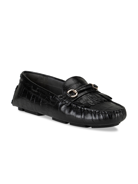 

ROSSO BRUNELLO Women Black Leather Textured Water Repellant Upper Driving Shoes
