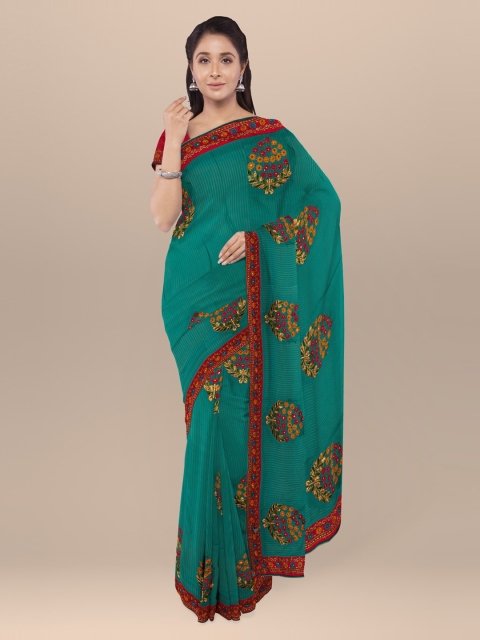 

KLM Fashion Mall Green Embroidered Poly Chiffon Saree