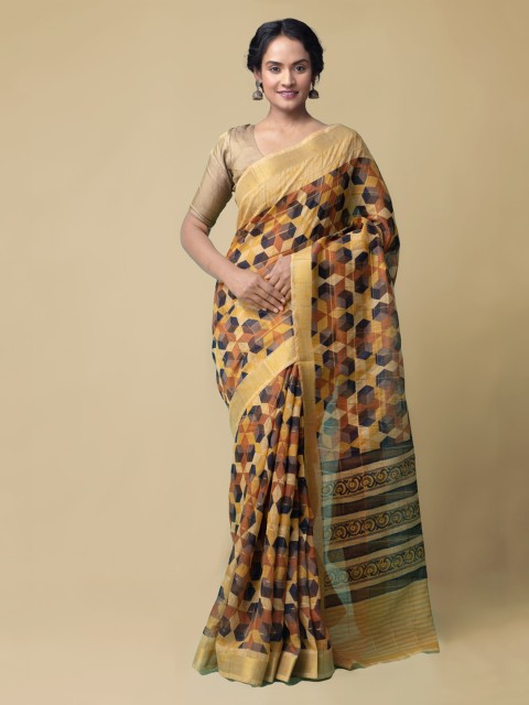 

Unnati Silks Yellow Silk Cotton Printed Chanderi Saree