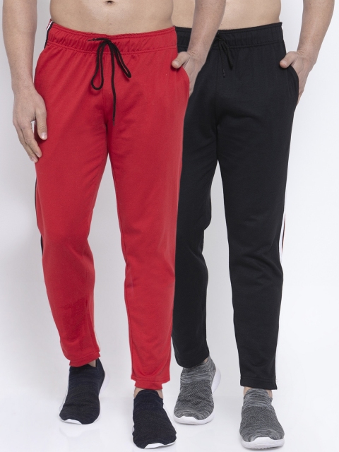 

NEUDIS Men Pack Of 2 Solid Structured-Fit Cotton Track Pants, Red