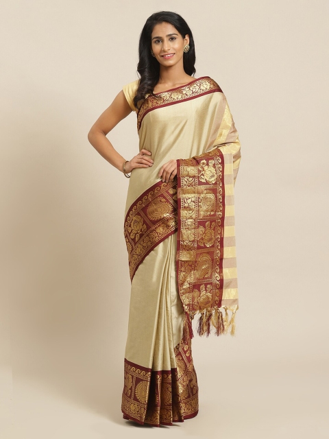 

Mitera Beige & Maroon Silk Blend Solid Banarasi Saree