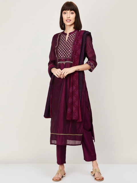 

Melange by Lifestyle Women Burgundy & Off-White Yoke Design Kurta with Trousers & Dupatta