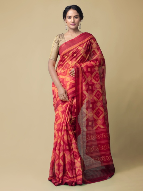 

Unnati Silks Red Silk Cotton Printed Chanderi Saree
