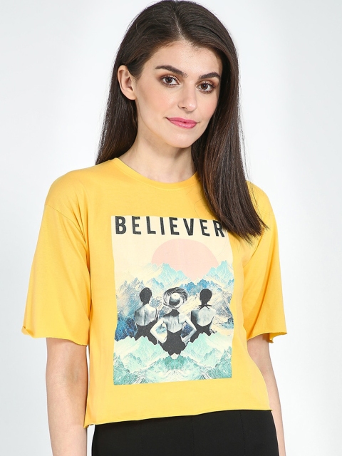 

Blue Saint Women Yellow Printed Round Neck T-shirt