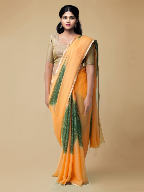 

Unnati Silks Peach-Coloured & Green Poly Chiffon Printed Patola Saree