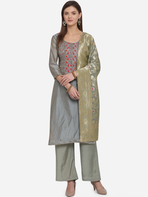 

BOMBAY SELECTIONS Grey & Gold-Toned Cotton Blend Unstitched Dress Material