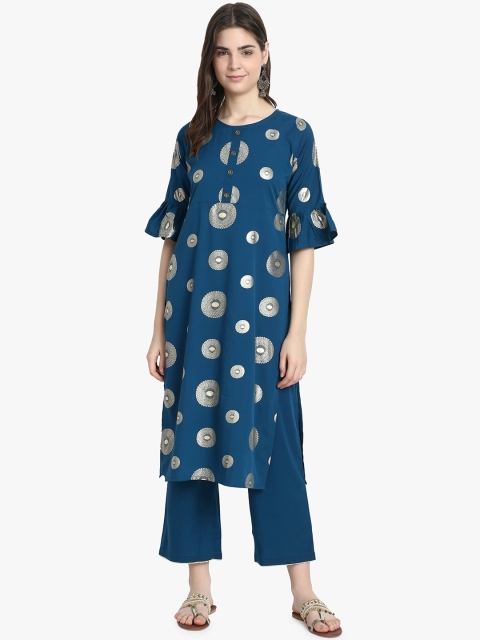 

ALC Creations Turquoise Blue Ethnic Motifs Printed Flared Sleeves Crepe Kurta