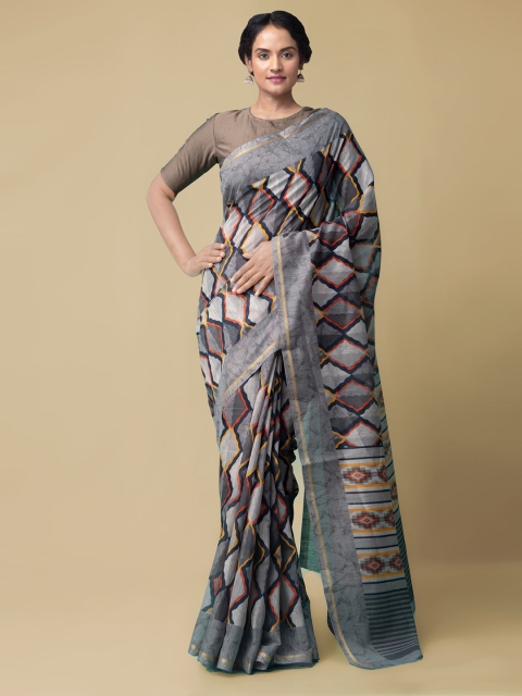 

Unnati Silks Grey Silk Cotton Printed Chanderi Saree