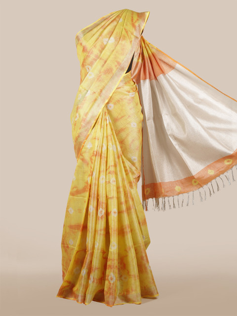

Pothys Yellow & Silver-Toned Linen Blend Printed Saree With Tasselled Pallu