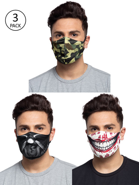 

TREEMODA Men Pack Of 3 Printed 3-Ply Reusable Cloth Masks, Black