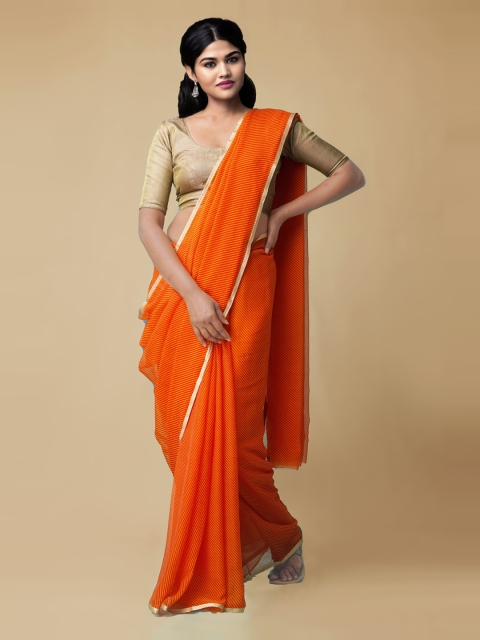 

Unnati Silks Orange Poly Chiffon Striped Patola Saree