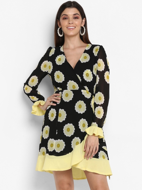 

NIZA Women Yellow & Black Floral Printed Wrap Dress