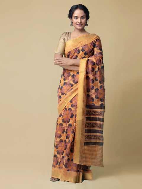 

Unnati Silks Orange & Blue Silk Cotton Printed Chanderi Saree