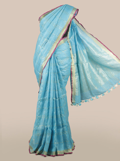 

Pothys Blue Checked Linen Blend Saree