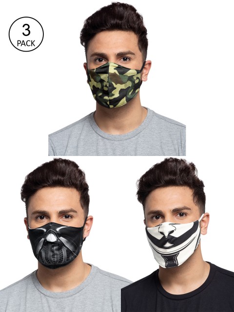 

TREEMODA Men Pack Of 3 Printed 3-Ply Reusable Cloth Masks, Black
