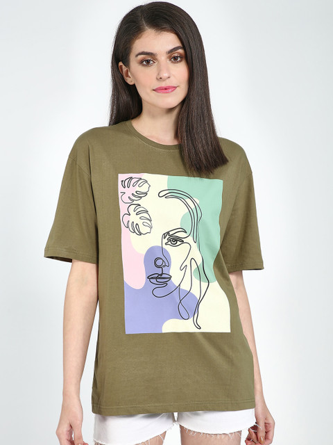 

Blue Saint Women Olive Green Printed Round Neck T-shirt