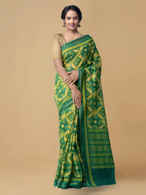 

Unnati Silks Green Silk Cotton Printed Chanderi Saree