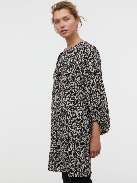 

H&M Women Black & Beige Printed Balloon-Sleeved Dress