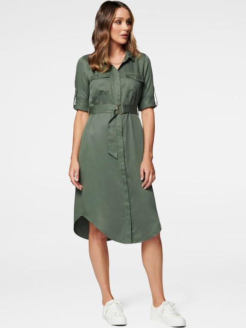 

Forever New Women Green Solid Shirt Dress