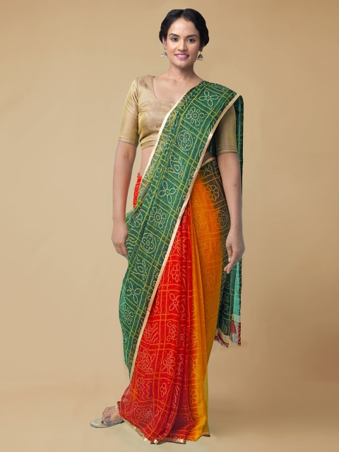 

Unnati Silks Green & Orange Poly Chiffon Bandhani Printed Patola Saree