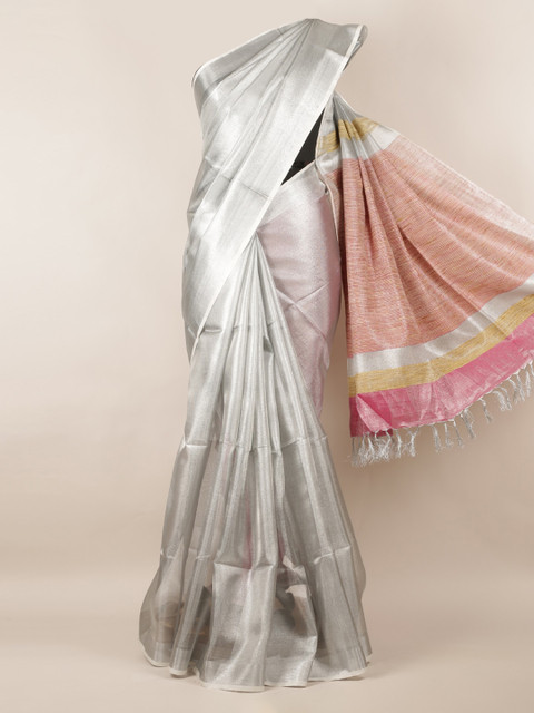 

Pothys Silver-Toned & Pink Linen Blend Solid Saree With Tasselled Pallu