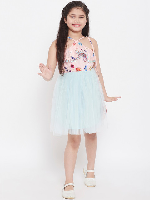 

Stylo Bug Girls Turquoise Blue & Pink Floral Printed Fit and Flare Dress