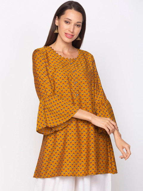 

TANKHI Women Mustard Yellow & Blue Printed A-Line Kurti