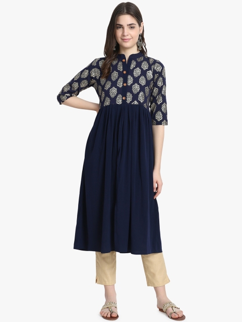 

ALC Creations Women Navy Blue Ethnic Motifs Printed Crepe Kurta