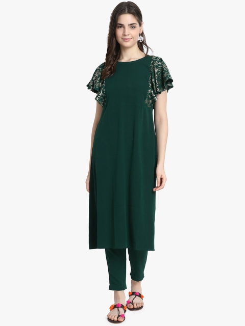 

ALC Creations Green Solid Flared Sleeves Crepe Kurta