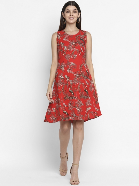 

NIZA Women Red Printed Fit and Flare Dress