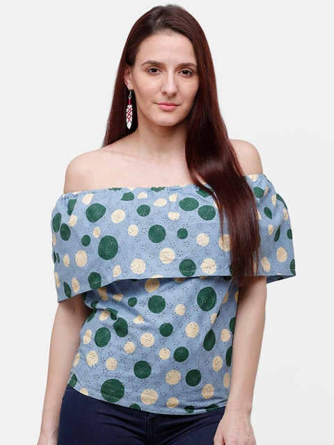 

Rasada Grey & Green Off-Shoulder Pure Cotton Bardot Top