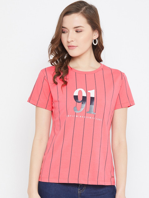 

Octave Women Pink Striped Round Neck T-shirt