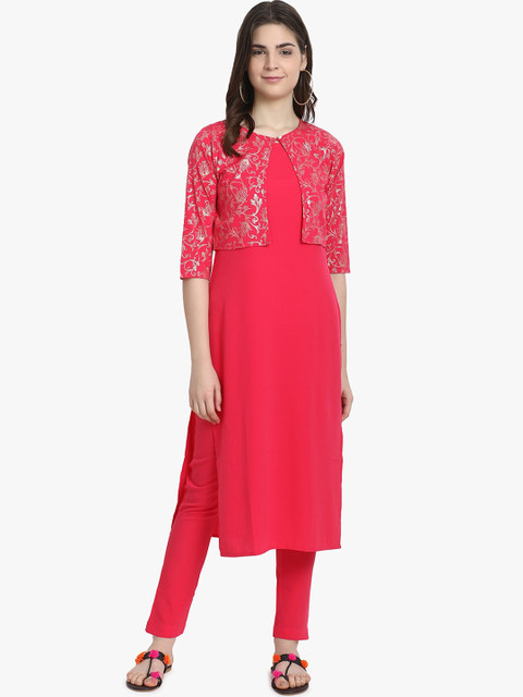 

ALC Creations Women Peach-Coloured Solid Crepe Layered Kurta