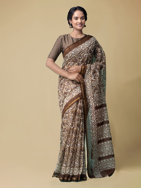 

Unnati Silks Brown Silk Cotton Printed Chanderi Saree