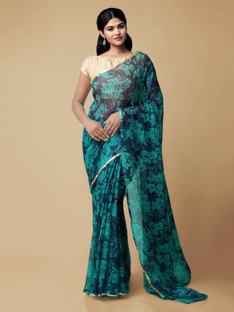 

Unnati Silks Blue & Green Poly Chiffon Printed Patola Handloom Saree