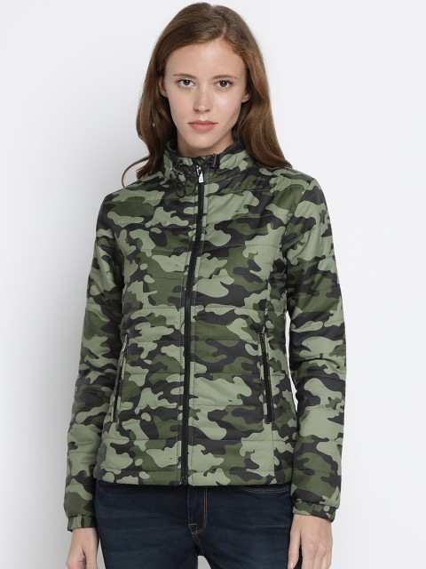 

Pepe Jeans Women Olive Green Camouflage Printed Padded Jacket