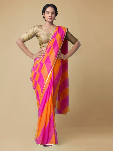 

Unnati Silks Pink & Yellow Poly Chiffon Dyed Patola Saree