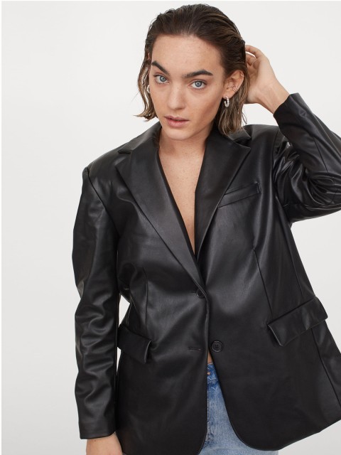 

H&M Women Black Solid Oversized Faux Leather Jacket