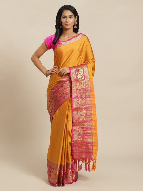 

Mitera Yellow & Pink Silk Blend Solid Banarasi Saree