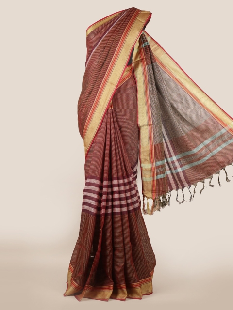 Pothys Maroon Striped Linen Blend Saree