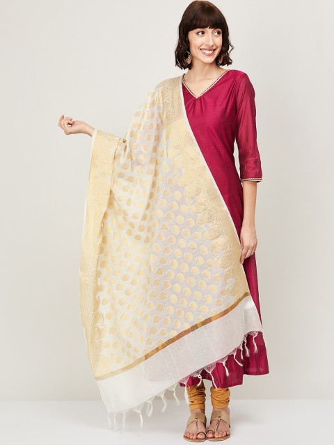Melange by Lifestyle Golden & White Woven Design Dupatta, Gold