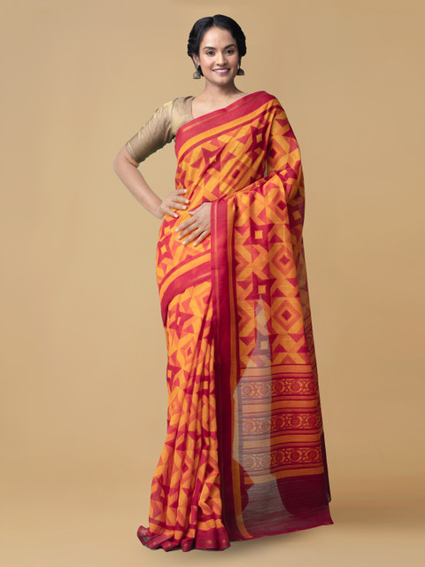 

Unnati Silks Orange Silk Cotton Printed Chanderi Saree