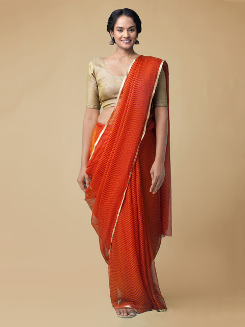 

Unnati Silks Red & Orange Poly Chiffon Striped Patola Saree