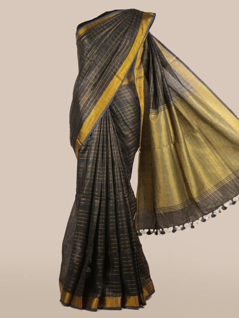 

Pothys Black & Gold-Toned Linen Blend Checked Saree With Tasselled Pallu