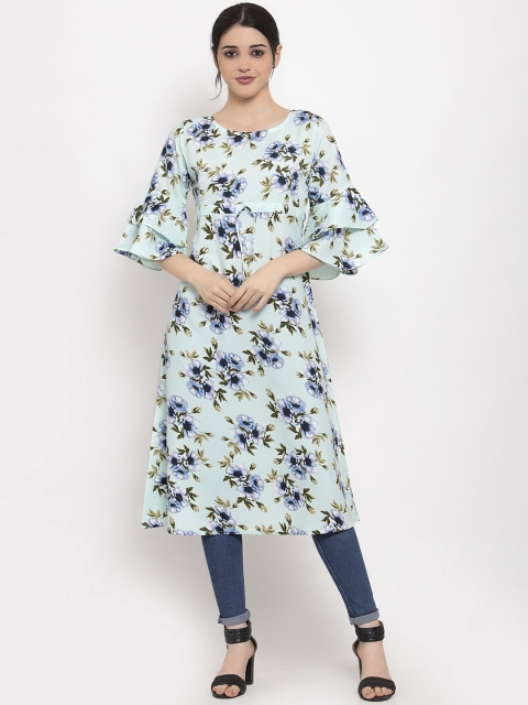 

ALC Creations Blue Floral Printed Flared Sleeves Crepe Kurta
