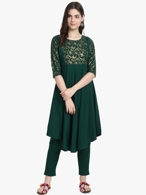 

ALC Creations Women Green Floral Yoke Design Thread Work Crepe Kurta