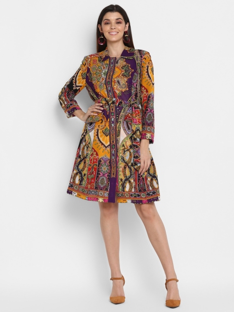 

NIZA Women Purple Printed Fit and Flare Dress